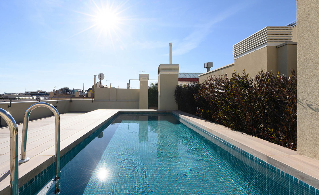 Communal swimming pool with solarium located on the roof.